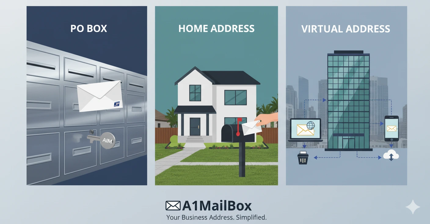 Business owner comparing PO Box, home address, and virtual address options in the UK